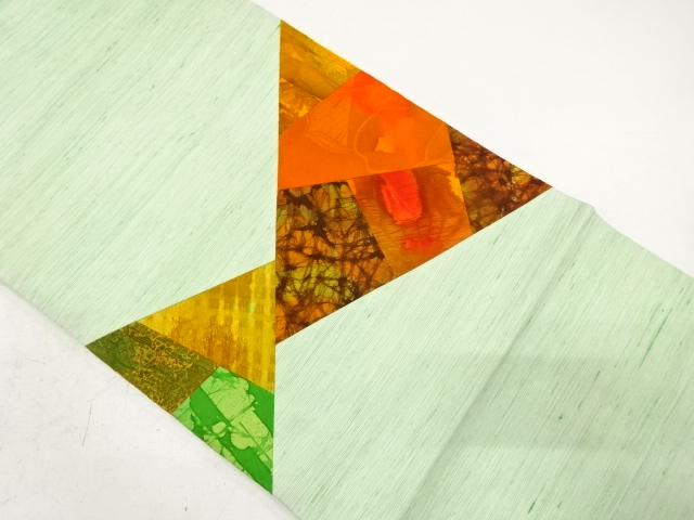 手織り紬　切りばめ　抽象模様織り出し名古屋帯